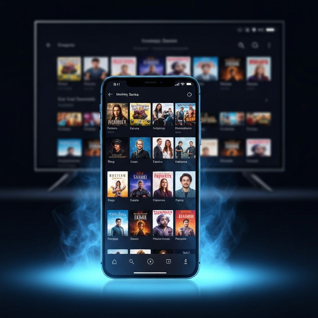 Mao segurando celular com app de streaming aberto, TV ao fundo