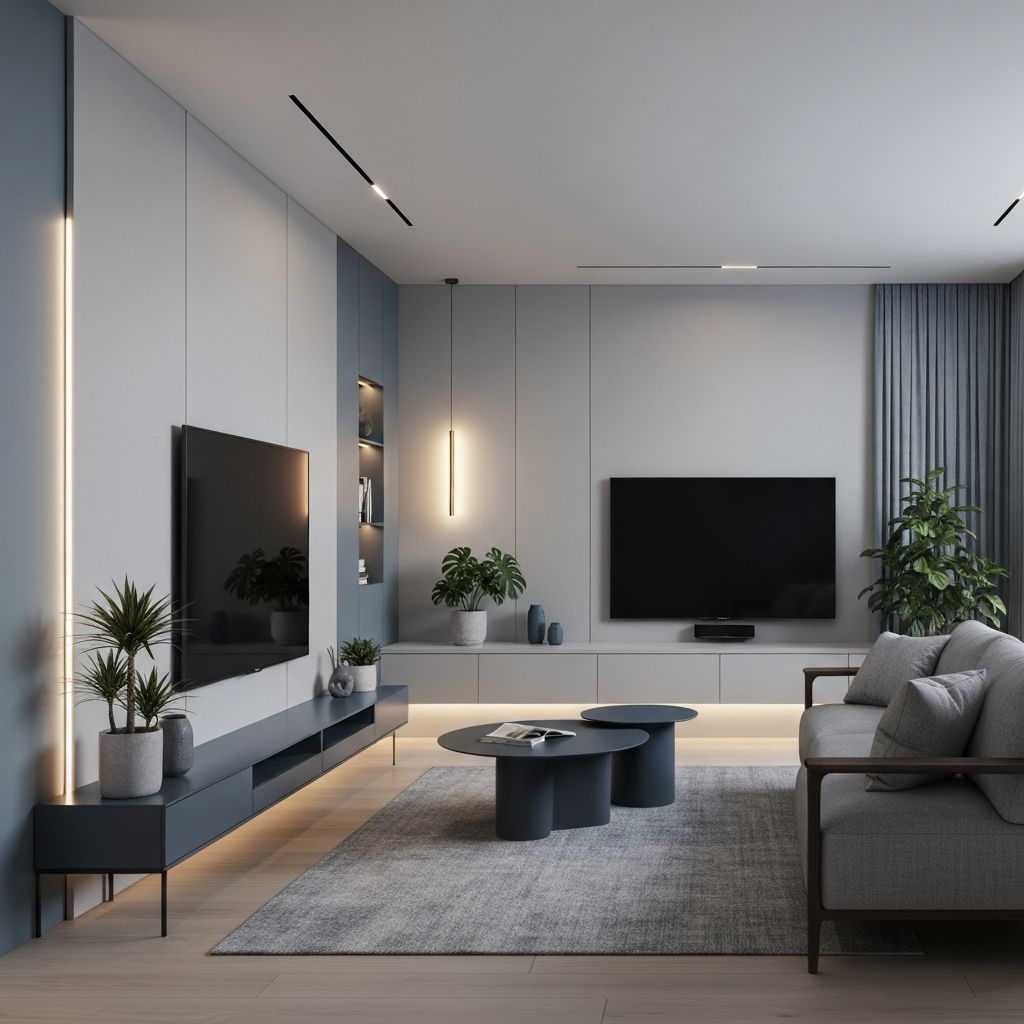 Sala de estar moderna com TV exibindo plataforma de streaming