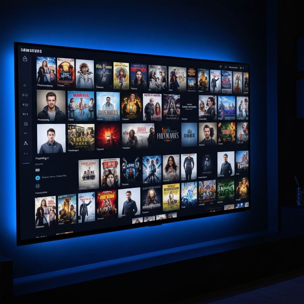Smart TV exibindo interface de streaming com diversos filmes e series